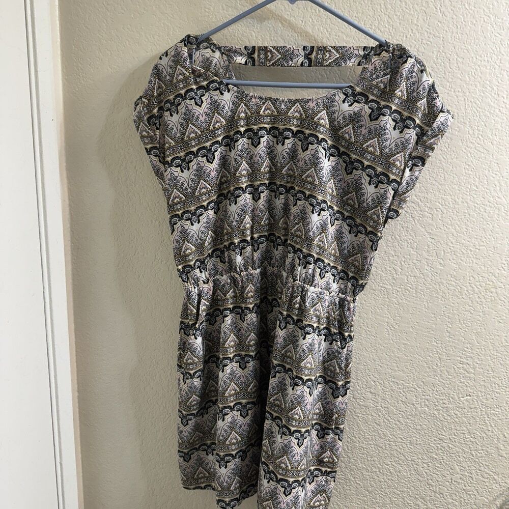 Hippie Rose Dress Blouson Pockets Cutout Elastic Waist Boho Chic Aztec Summer